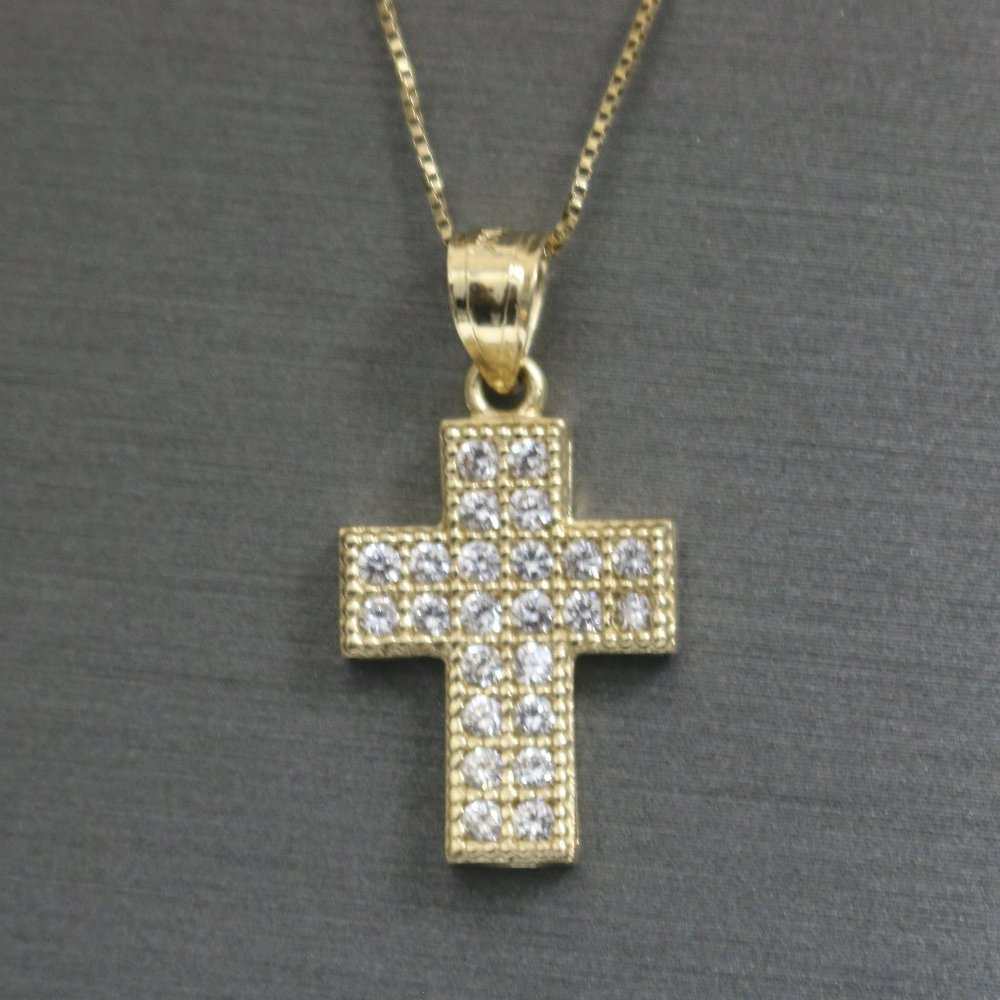 14kt White Sapphire Cross Pendant with 14kt Hollow Box Chain